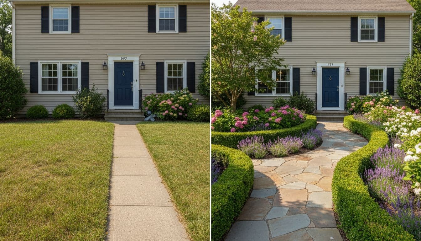 AI front yard design with flowering shrubs and a stone path