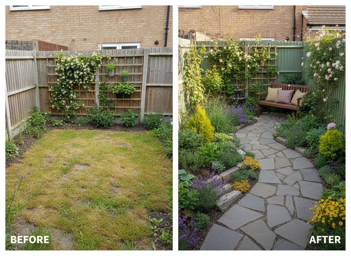 AI small garden design with vertical planting and a stone path