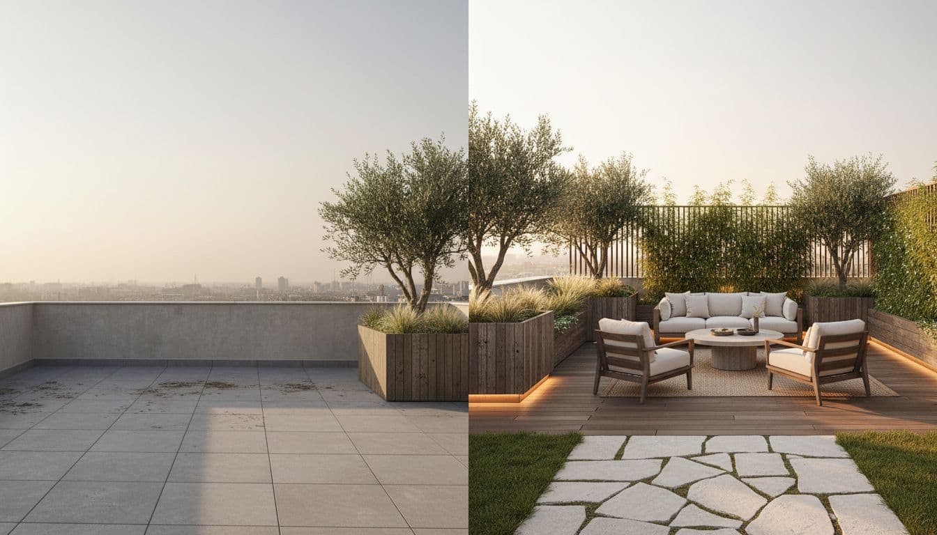 Rooftop terrace AI garden design with planters and skyline view