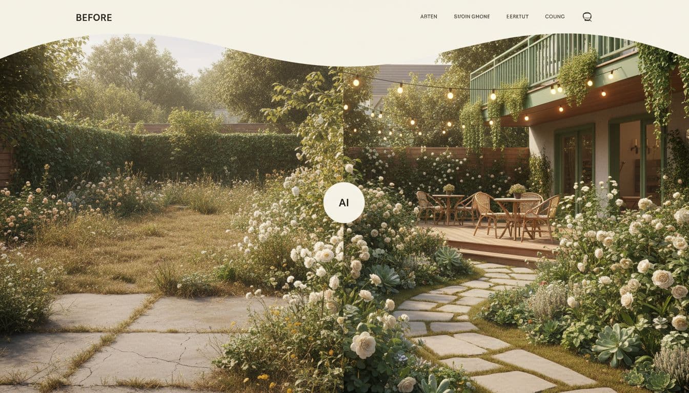 FlorAI – AI Garden Design final visual with backyard, patio, and balcony before and after ideas