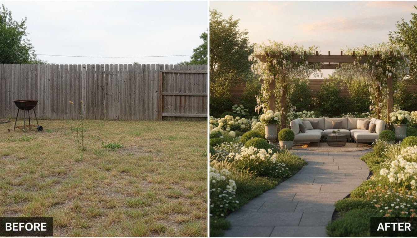 FlorAI AI Garden Design before and after backyard transformation, generated from a real garden photo