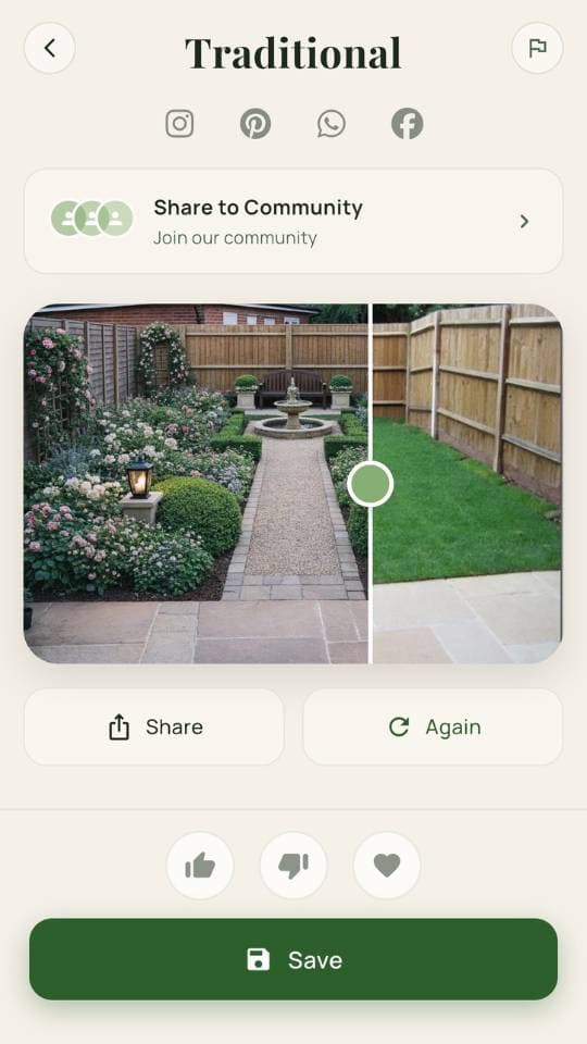 FlorAI app interface for garden photo upload and AI redesign