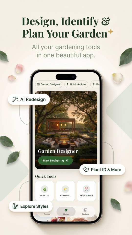 FlorAI app showing a finished AI garden design from a real photo